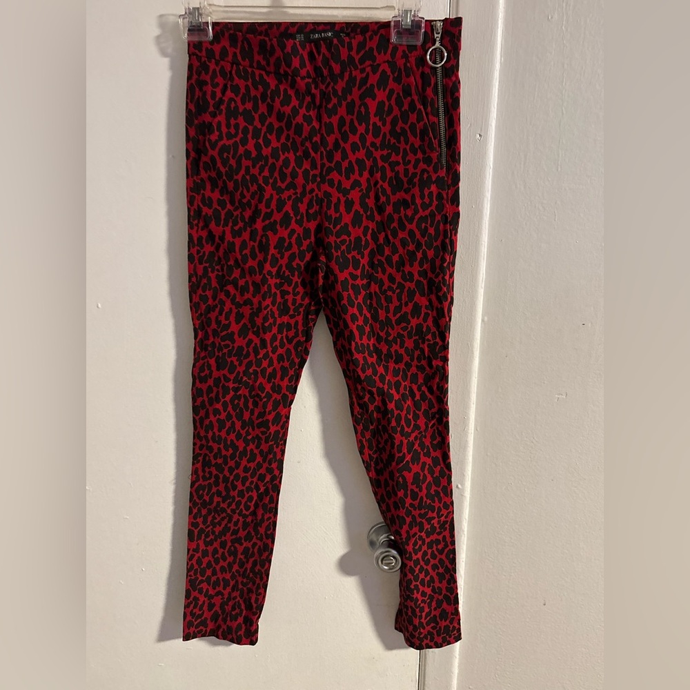 Zara Pants Womens XS High Rise Skinny Red Black Animal Print Work Casual